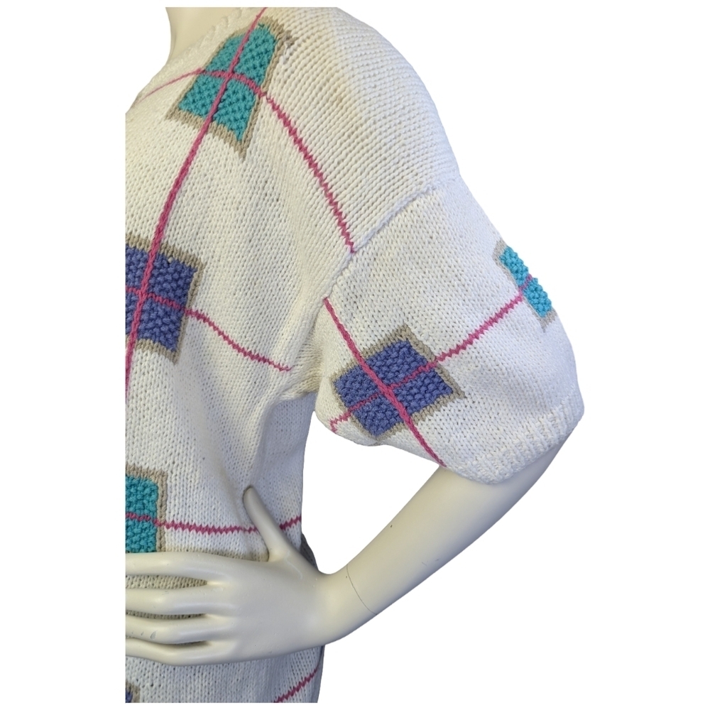 Vintage 80s 90s Northern Isles Hand Knit Short Sleeve Sweater | Pink Purple Teal - Picture 5 of 8